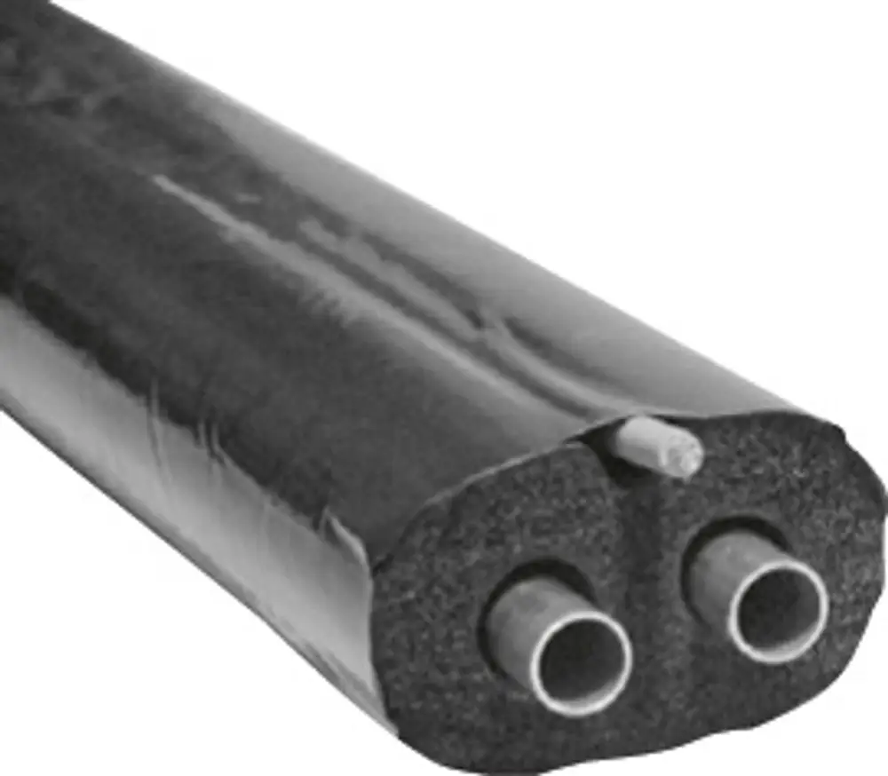 Schwarzes Doppelschutzrohr mit zwei Metallrohren und isolierender Umhüllung, optimal für die Installation in der Solartechnik, hergestellt von Bosch.